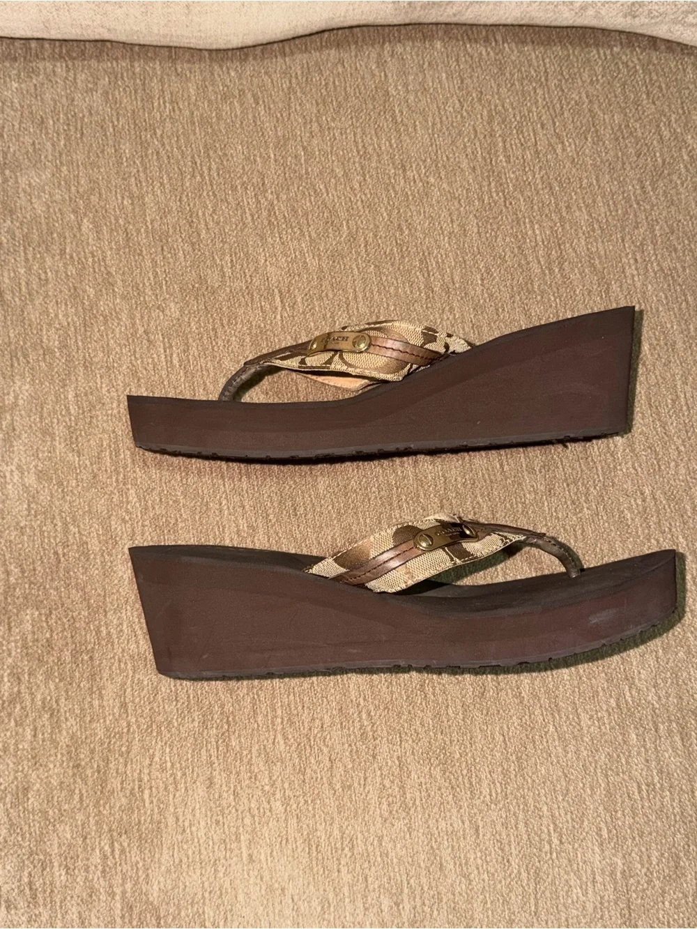 Coach Brown and Tan Signature Wedge Thong Sandals